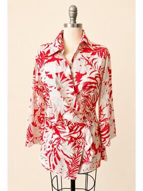 VTG 90s Couleur By Finley Courtney Wrap Top L Red White Tropical USA